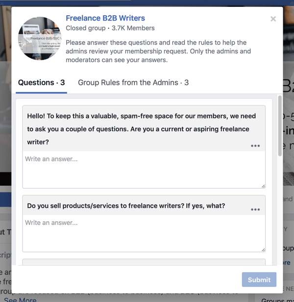 Как улучшить сообщество группы Facebook, пример вопросов новых участников группы Facebook от независимых писателей B2B