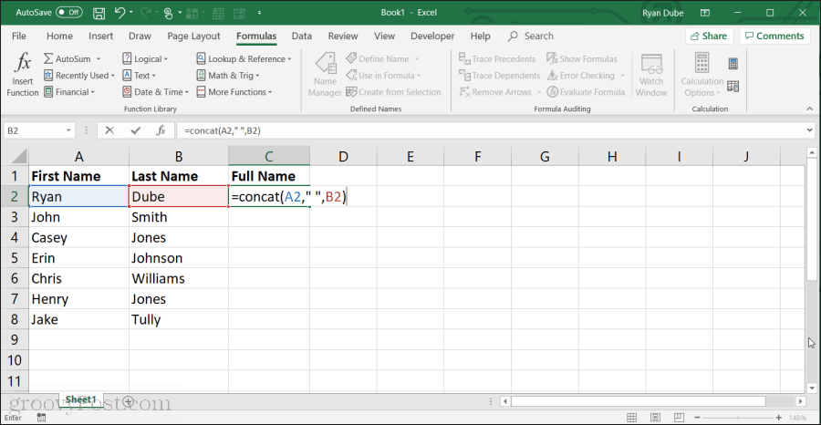 используя функцию concat в Excel