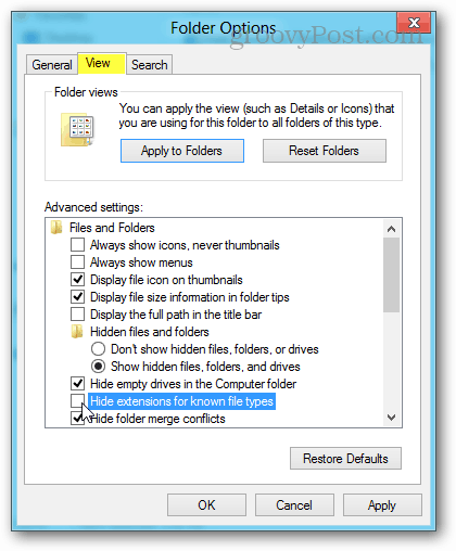 просмотреть параметры папки в Windows 8
