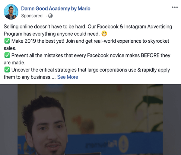 Как писать и структурировать более длинные текстовые сообщения, спонсируемые Facebook, проблема типа 1 и решение, на примере Damn Good Academy Марио