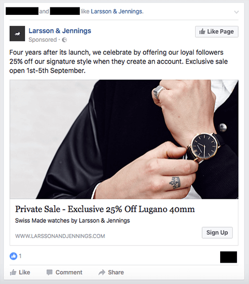 Объявление эксклюзивной распродажи от часового бренда Larsson & Jennings.