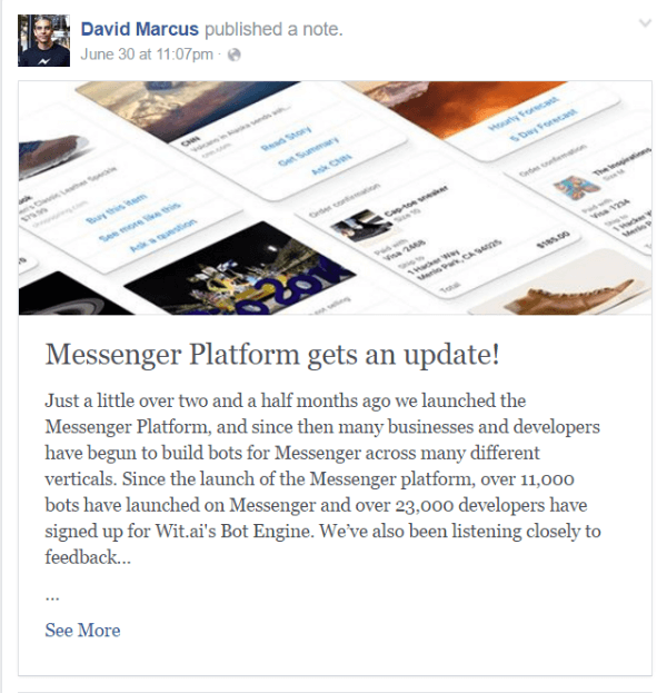 обновление бота facebook messenger