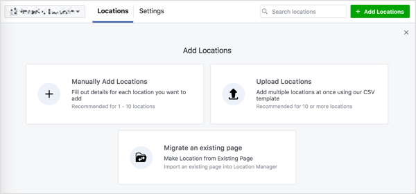 Вы видите три варианта добавления местоположений на свою страницу в Facebook.