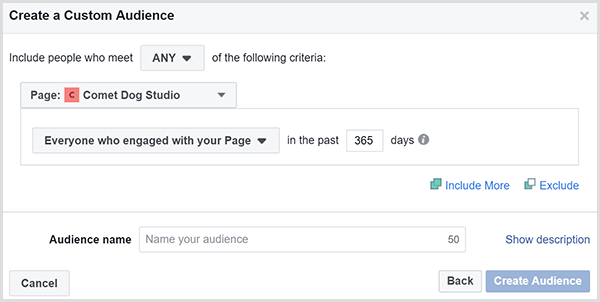 Диалоговое окно Facebook Create a Custom Audience позволяет вам нацеливать рекламу на людей, которые взаимодействовали с вашим сайтом в течение определенного периода времени.