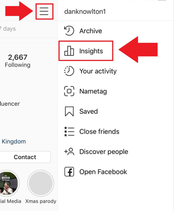 Стратегия маркетинга в социальных сетях; Снимок экрана, где можно получить доступ к Instagram Insights в приложении Instagram.