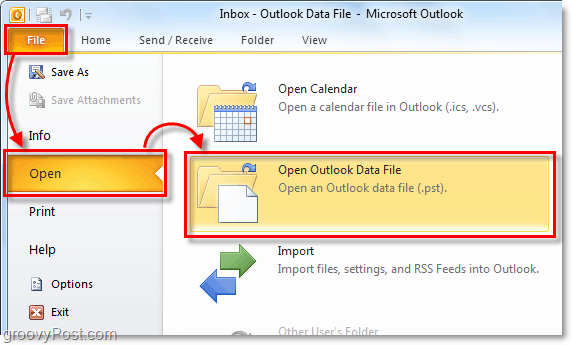 откройте папку, содержащую ваш архивный pst-файл из Outlook 2010