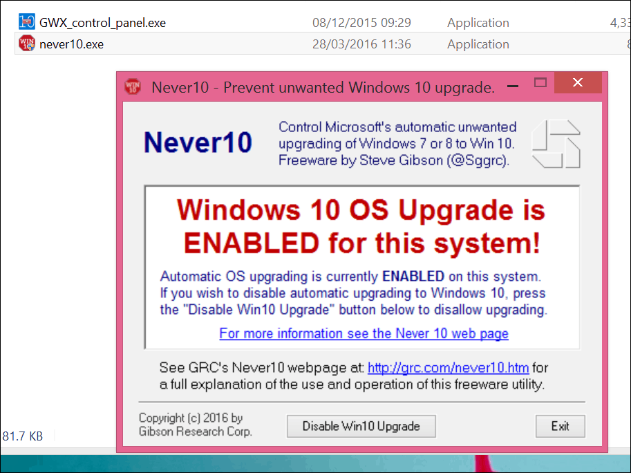 Остановите обновление Windows 10 с помощью Never 10 или приложения GWX.