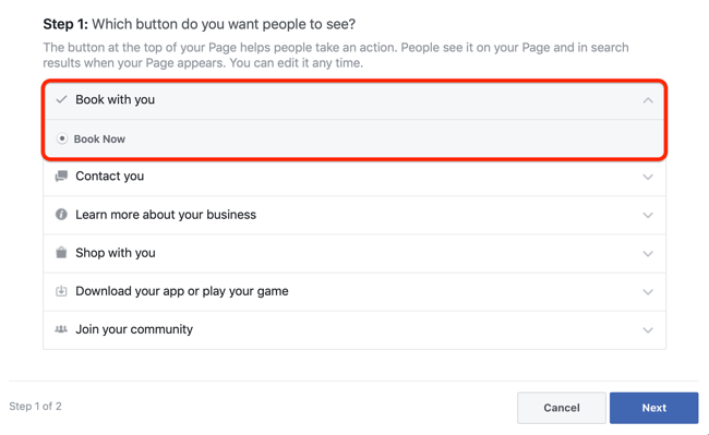 шаг 1, как добавить призыв к действию на страницу Facebook