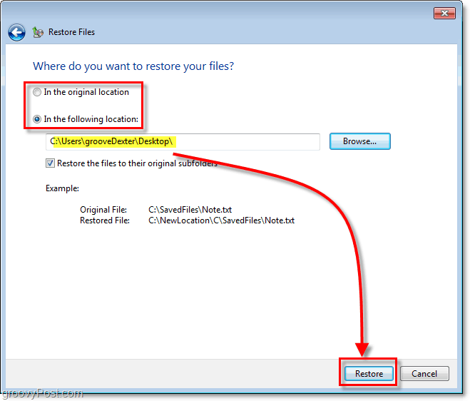Windows 7 Backup - выберите место для восстановления файлов