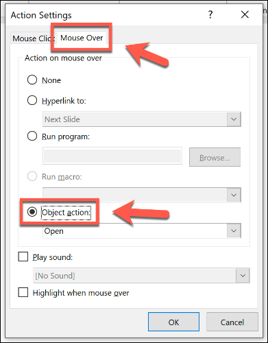 Настройка объекта для открытия с помощью мыши в PowerPoint