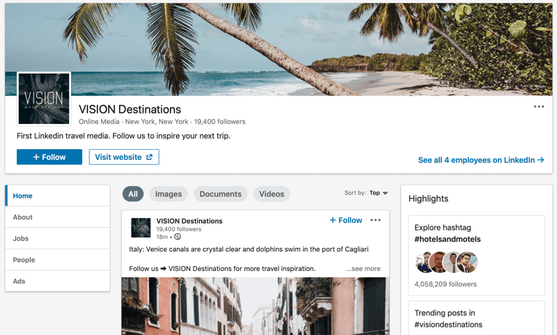 Страница компании в LinkedIn для VISION Destinations