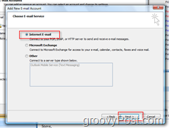 Создать новую учетную запись почты в Outlook 2007:: Кнопка «Электронная почта» в Интернете