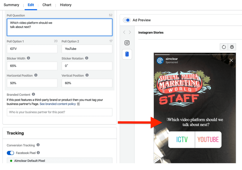 поля для настройки рекламного опроса Instagram Stories в Ads Manager