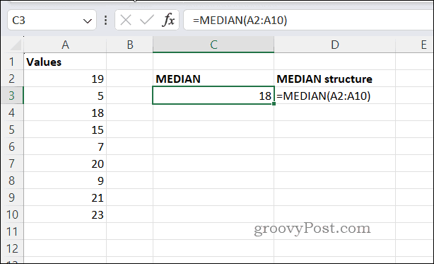 Пример результата МЕДИАНА в Excel