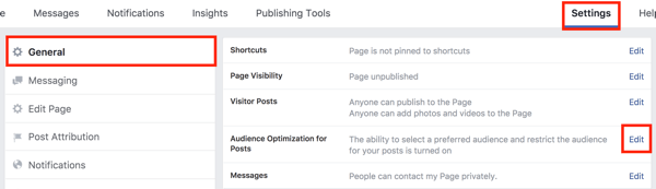 В настройках своей страницы Facebook нажмите кнопку «Изменить» справа от параметра «Оптимизация аудитории для публикаций».