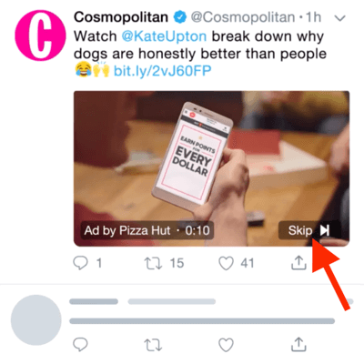 Пример видеообъявления Twitter с возможностью пропустить рекламу через 6 секунд.