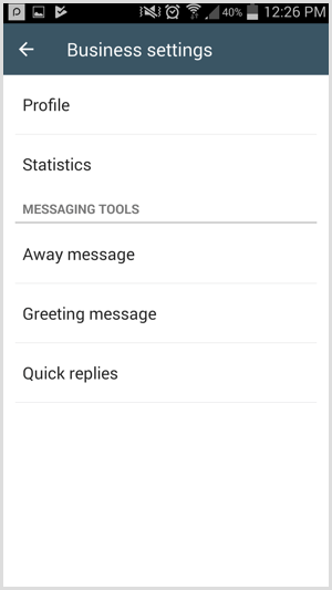 Доступ к инструментам обмена сообщениями находится на странице бизнес-настроек в WhatsApp Business.
