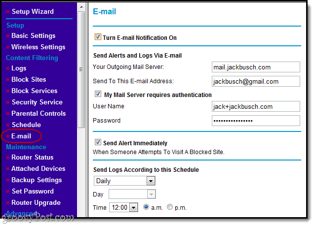 оповещения по электронной почте для блочных сайтов в netgear