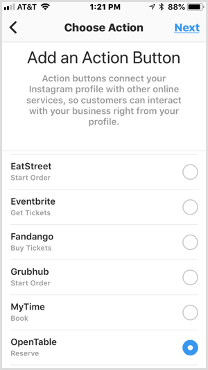 Instagram Добавить экран кнопки действия для сторонних сервисов