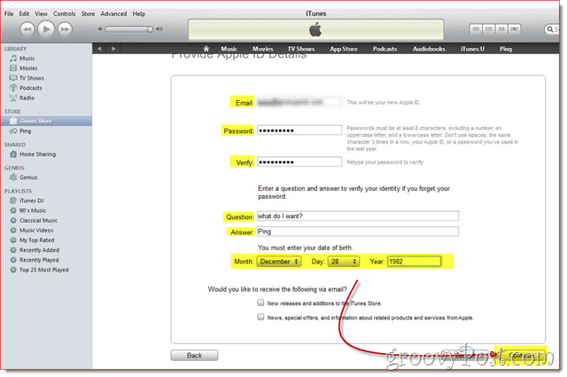 iTunes - введите адрес электронной почты, пароль и дату