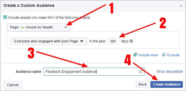 Заполните данные, чтобы создать индивидуальную аудиторию для взаимодействия с вашей страницей Facebook.