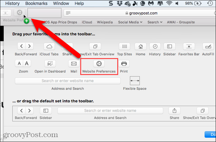 Кнопка «Добавить настройки сайта» на панель инструментов в Safari для Mac