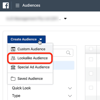 снимок экрана с параметром Lookalike Audience, обведенным в раскрывающемся меню Create Audience в Ads Manager