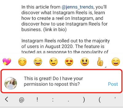 пример сообщения в instagram, ответ на комментарий, дополняющий и запрашивающий разрешение на повторную публикацию контента