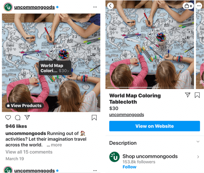 снимки экрана, показывающие тег Instagram, добавленный к публикации о продукте для покупки, а также страницу магазина продукта после выбора тега публикации