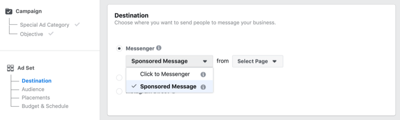 Опция Facebook Sponsored Message в Facebook Ads Manager