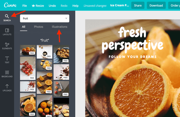 Используйте панель поиска, чтобы находить фотографии и иллюстрации прямо на панели управления Canva.