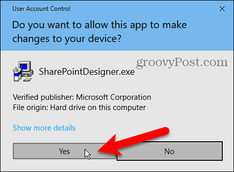 Диалоговое окно контроля учетных записей (UAC) для установки Sharepoint Designer 2010