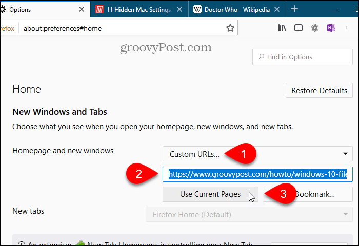 Нажмите Использовать текущие страницы для домашней страницы в Firefox