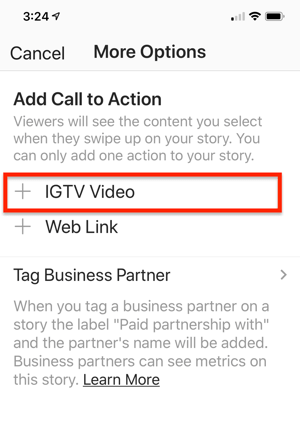 Возможность выбрать ссылку на видео IGTV для добавления в свою историю в Instagram.