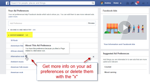 удалить категории предпочтений рекламы facebook