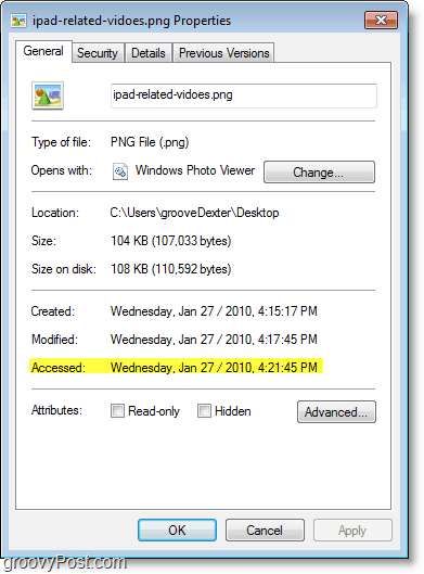 Скриншот Windows 7 - дата доступа не обновляется очень хорошо