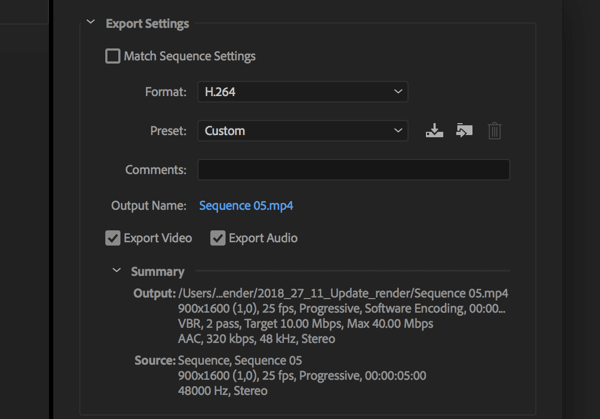 Настройка экспорта видео Adobe Premier Pro с форматом H.264.