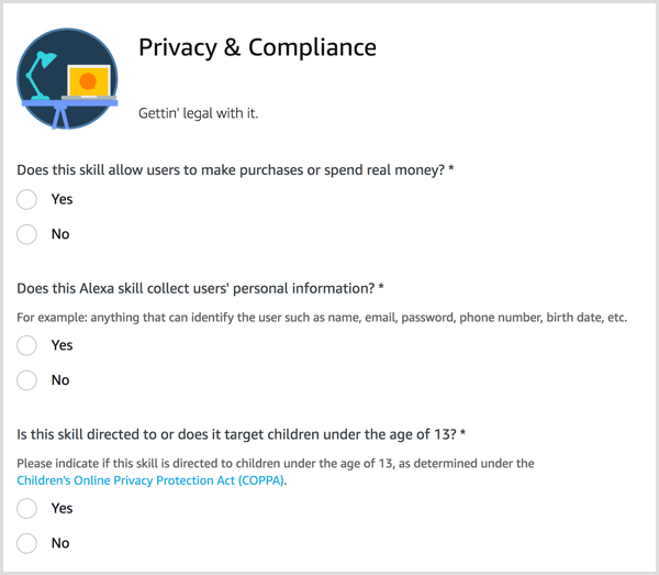 Ответьте на вопросы о конфиденциальности и соответствии с вашими навыками Alexa.