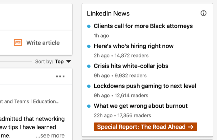 пример снимка экрана домашней страницы linkedin с разделом новостей linkedin в центре изображения