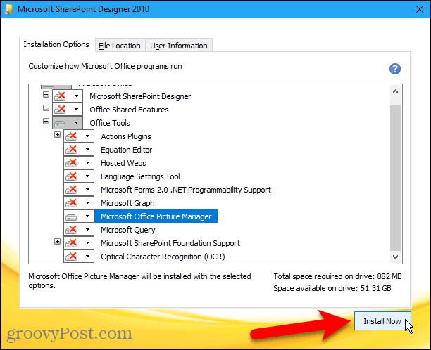 Нажмите Установить сейчас, чтобы установить Microsoft Office Picture Manager из Sharepoint Designer 2010