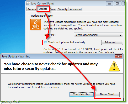 Снимок экрана: Windows 7 отключить проверки обновлений Java