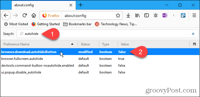 Дважды щелкните параметр конфигурации autohideButton в Firefox