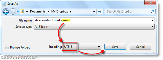 сохранить файл блокнота в формате .enex с кодировкой utf-8