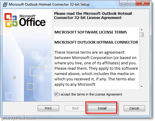 установка инструмента Outlook Hotmail Connector