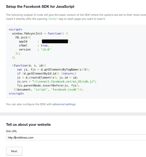 добавить код приложения facebook на сайт