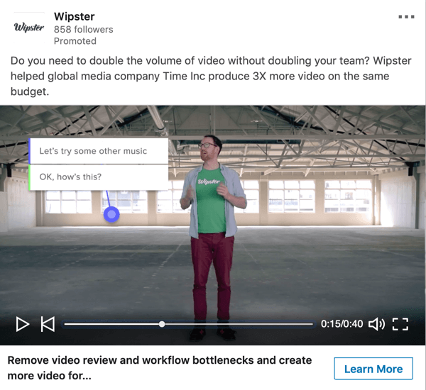 Как создать объективную рекламу в LinkedIn, образец спонсируемой видеорекламы от Wipster