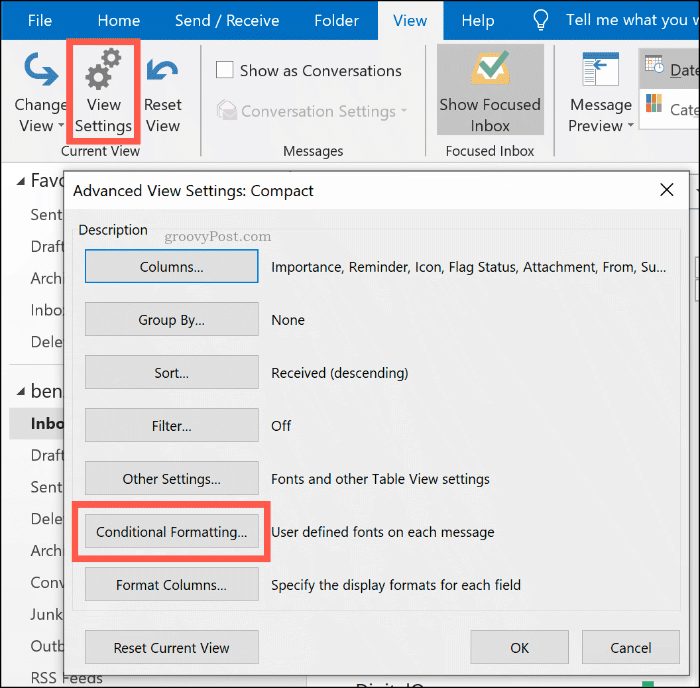 Кнопка параметров условного форматирования в Microsoft Outlook