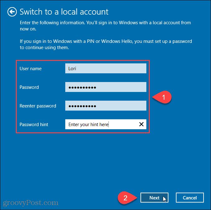 Введите имя пользователя и пароль для новой локальной учетной записи