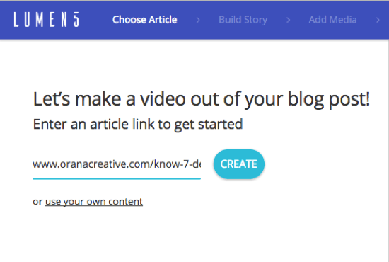 Добавьте URL-адрес сообщения в блоге, из которого вы хотите создать видео Lumen5.