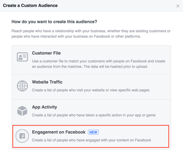 Выберите Вовлеченность в Facebook, чтобы настроить свою аудиторию Facebook.